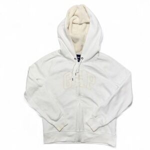 Y2K Style Gap White Sherpa Jacket Full Zip Hoodie Womens Size Large Preppy